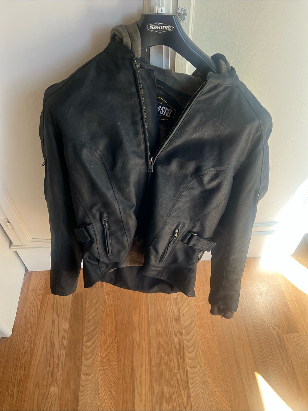 Black motorcycle Jacket with Hood